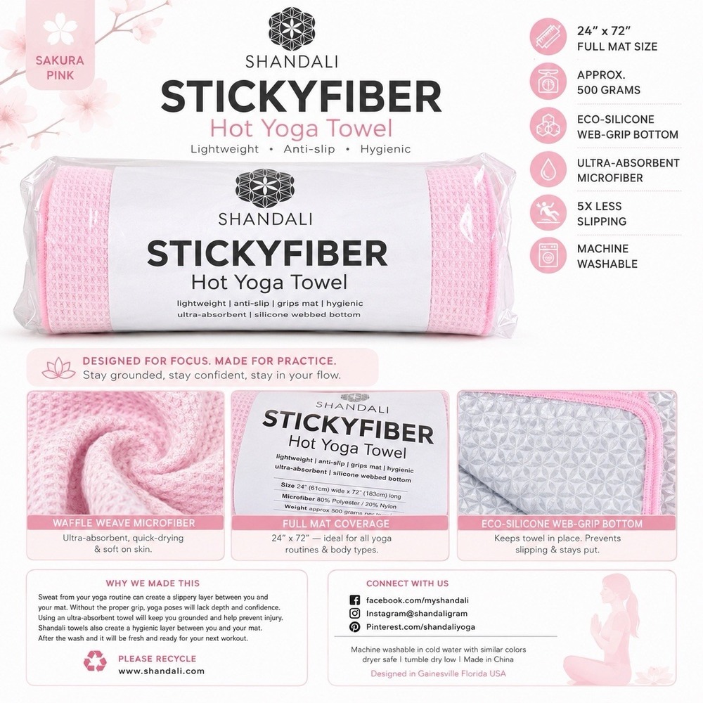 Shandali Stickyfiber Hot Yoga Towel Pink 24x72 Non Slip Microfiber Mat Size NWT